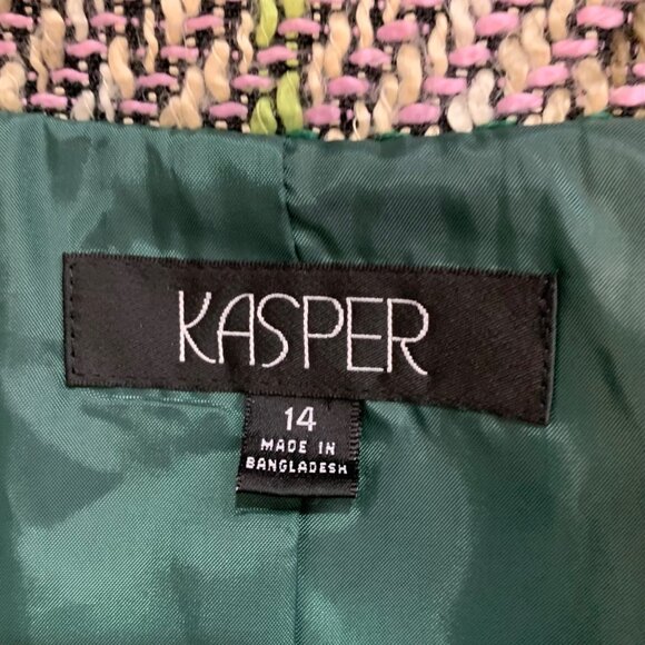 Kasper Plaid Tweed Jacket Womens SZ 14 Green & Pink Acrylic Blazer Open Front - Picture 7 of 9
